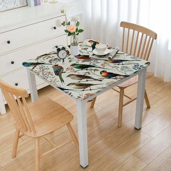 HAOXIT Forest Bird square Fitted Tablecloth with Elastic Edge Fitted Table Cover Waterproof Table Cloth for Outdoor square Tables 44''x44''