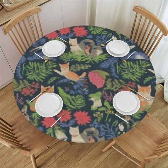 HAOXIT Fox Owl Rabbit Round Tablecloth Waterproof Durable Cloth Tablecloths Washable Fabric Table Cover Wrinkle Resistant Table Cloth for Indoor Outdoor Kitchen Party Dining Room
