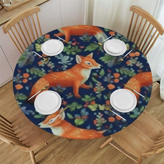 HAOXIT Fox Strawberry Round Tablecloth Waterproof Durable Cloth Tablecloths Washable Fabric Table Cover Wrinkle Resistant Table Cloth for Indoor Outdoor Kitchen Party Dining Room