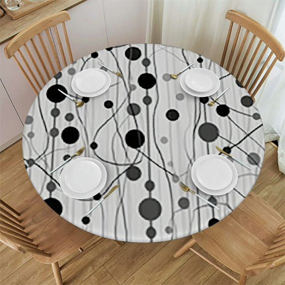 HAOXIT Geometric Tablecloth, Monochrome Lines with Dots Ornamental Design Vintage , Dining Room Kitchen Round Table Cover