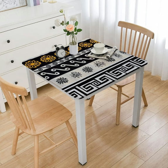 HAOXIT Geometric Tablecloth, Traditional Ancient Vibes Square Form Lines Waves and Floral Pattern, Rectangular Table Cover for Dining Room Kitchen Decor 48''x48''