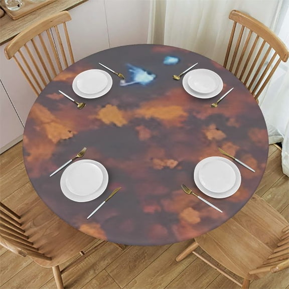 HAOXIT Gold Texture Printed Pattern Round Fitted Tablecloth with Elastic Edged Table Cover for Round Table 42-46
