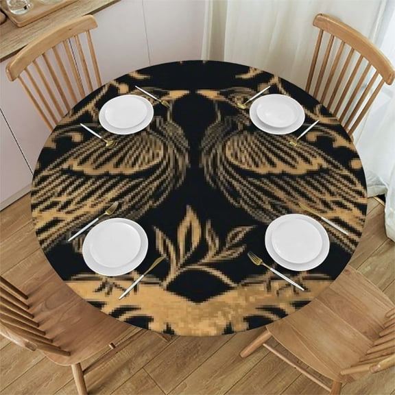 HAOXIT Golden Tree Table Cloth, Celtic Tree of Life Retro Birds Raven Print Round Tablecloth for Dining Kitchen Room Picnic Party Decor 42-46