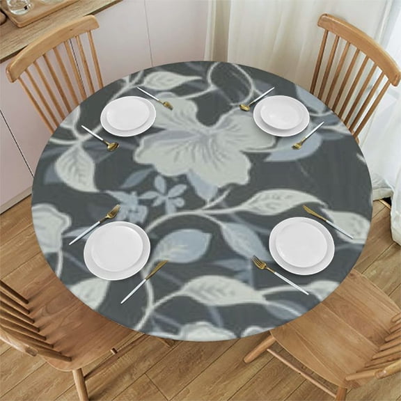 HAOXIT Gray Floral Round Tablecloths Elastic Edged Ethnic Flower Leaves Tablecloths Washable Reusable Tablecloths for Kitchen Picnic Party 31-35