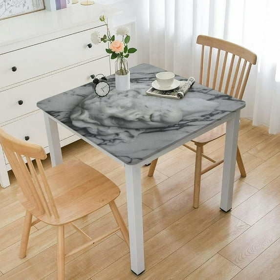 HAOXIT Gray White Square Fitted Tablecloth with Elastic Edge,Natural Square Table Cover Wipeable Washable Polyester Table Clothes for Kitchen Dining Party Patio Card Table 54''x54''