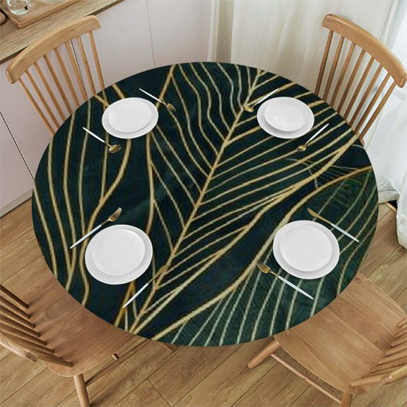 HAOXIT  Green Leaves Round Tablecloth, Tropical Palm Leaf Luxury Gold and Natural Waterproof Table Covers for Dining Room Kitchen Living Room 31-35
