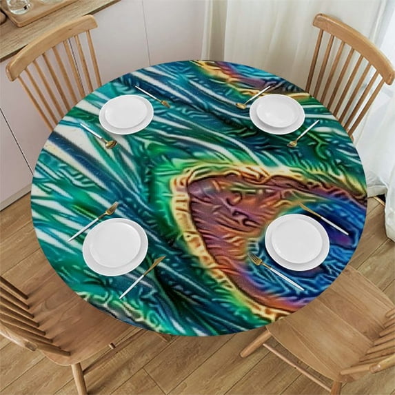 HAOXIT Green Peacock Feathers Round Fitted Table Covers Elastic Edge Circle Tablecloth for Dining Party Holiday Fits Round Table 31-35