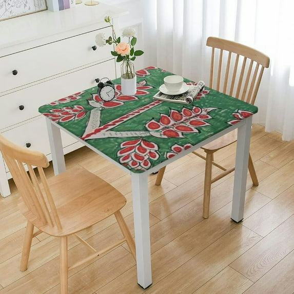 HAOXIT  Green Square Summer Tablecloth, Block Print Floral Table Cloth for Dining, Parties Wedding Outdoors I Grand Millenial Decor 52*52