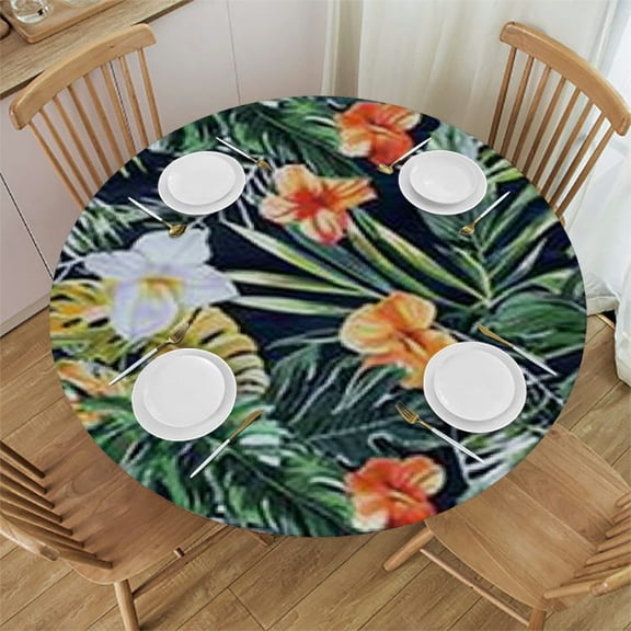 HAOXIT  Green Tablecloth, Hawaiian Summer Aloha Pattern with Tropical Plants and Hibiscus Flowers, Round Table Cover for Dining Room Kitchen Decor 31-35