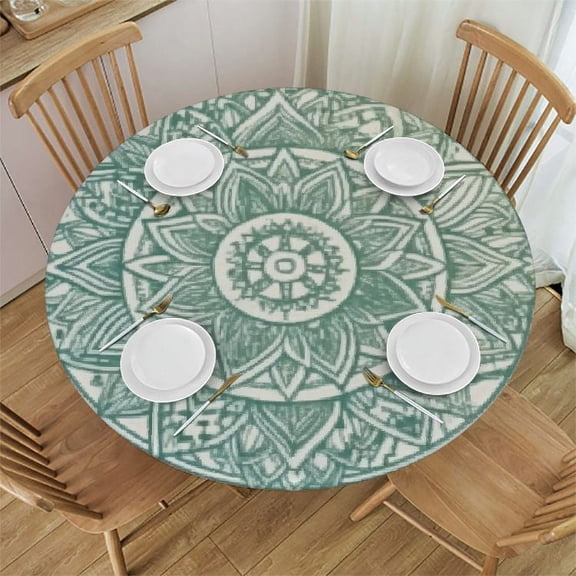 HAOXIT Grey Teal Table Cloth Circle Geometric Round Tablecloth for Dining Room, Party, Banquet 46-50
