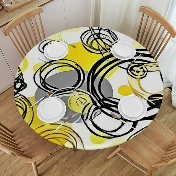 HAOXIT Grey and Yellow Round fitted tablecloth, Hand Drawn Sketchy Geometrical Circles Image Illustration, Elastic edge, Suitable for restaurant kitchen parties, Fit for Round table 46-50