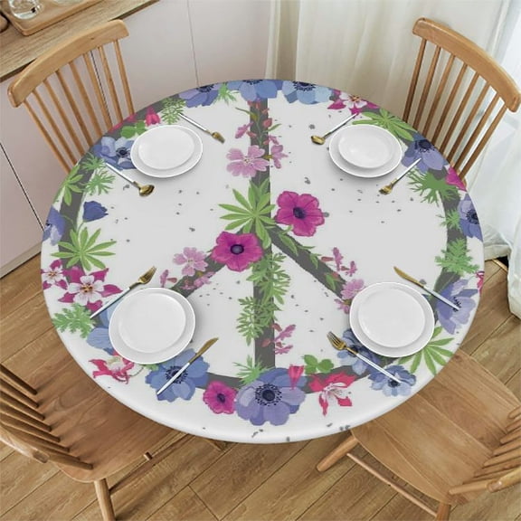 HAOXIT Groovy Tablecloth, Peace Natural Summertime Holiday Traveling, Round Table Cover for Dining Room Kitchen Decor