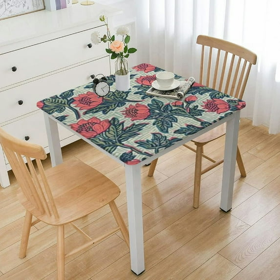 HAOXIT Gulbahar White Pink Summer Rectangle Tablecloth, Block Print Floral Table Cloth for Dining, Weddings, Outdoors, Grand Millenial Decor 46*46