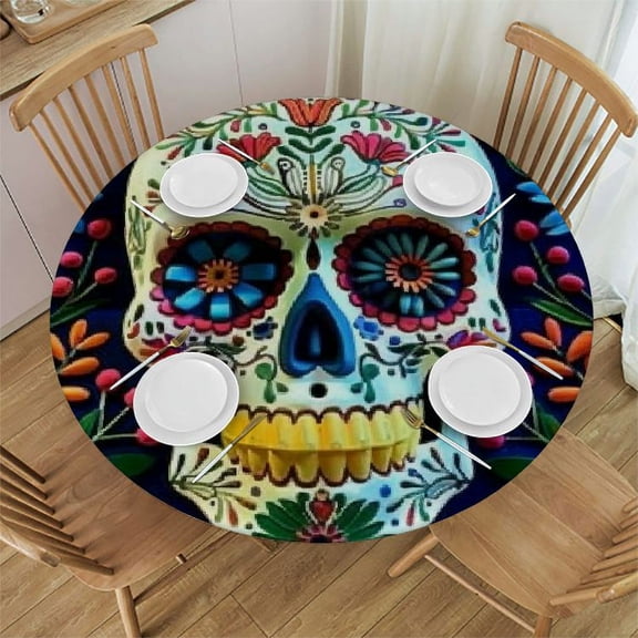 HAOXIT Halloween Fitted Round Tablecloth Day of The Dead,Colorful Mexican Flowers Skulls Halloween Table Cover,Elastic Edged Table Cloth Fits Round Tables