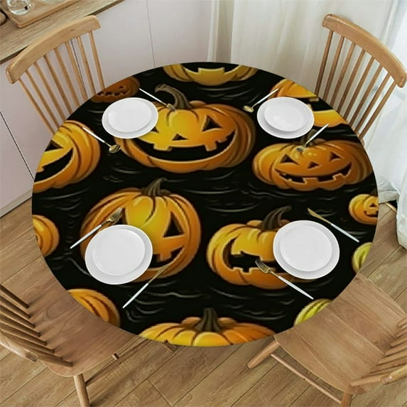 HAOXIT Halloween Pumpkin Round Tablecloth Waterproof Wipeable Tablecloth Cover Home Restaurant Kitchen Picnic Party Decoration Circular Tablecloth 46-50