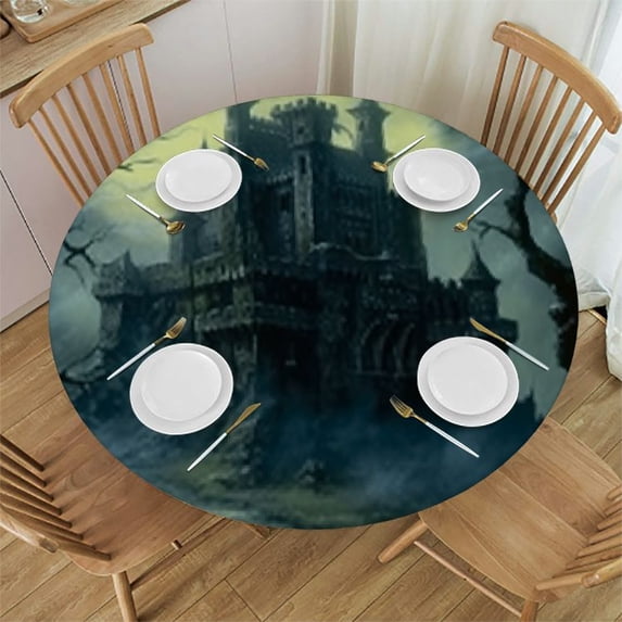 HAOXIT Halloween Round Fitted Tablecloth, Halloween Style Pattern, Elastic Edge, Waterproof and wipeable, Suitable for Wedding/Banquet/Restaurant/Party, Fit for Round Table 42-46