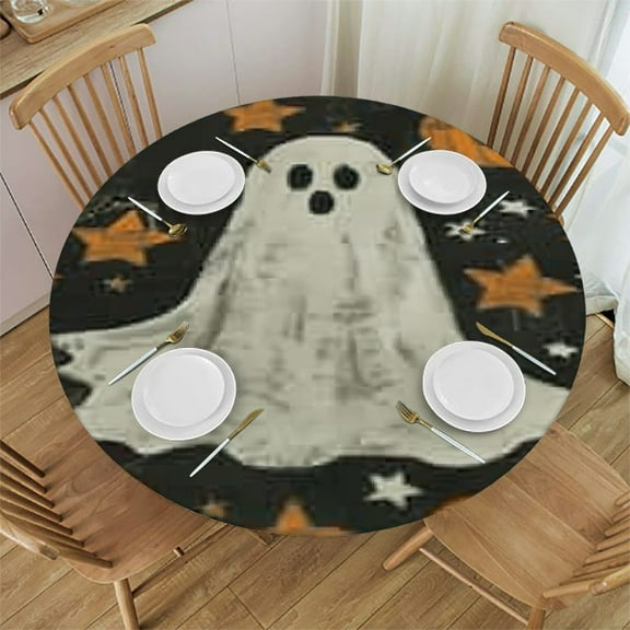HAOXIT Halloween Tablecloth Round- Pumpkin Circle Table Cloths Black Orange Pumpkins Table Cover Tabletop for Dining Kitchen Party Holiday 31-35