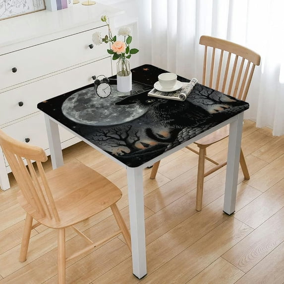 HAOXIT Halloween Witch Cat Square Washable Polyester Table Cloth for Square or Square Tables Waterproof Wrinkle Free Stain Resistant Table Cover for Kitchen Dining Room 54''x54''