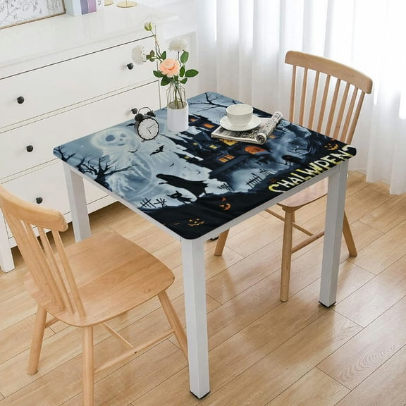 HAOXIT Halloween , and Town Table Cloth, Scary Pumpkin s, Waterproof Spillproof Tablecover for Dinner Party Decoration, Black White, Square 48''x48''