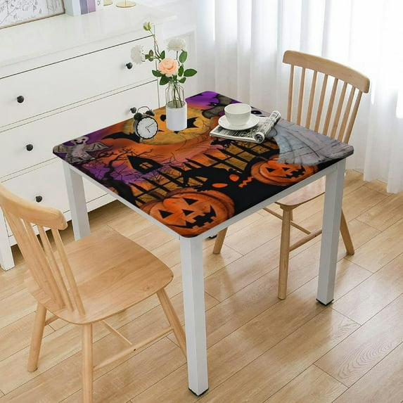 HAOXIT Halloween cloth with Elastic Edge, Halloween Pumpkin Ghost Washable Wipeable Table Cloth Polyester Table Cover for Kitchen Dining Party Wedding Fits 60''x60''
