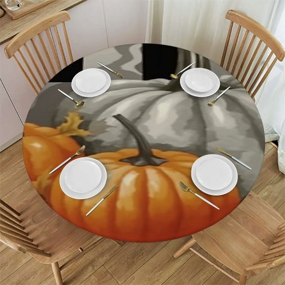 HAOXIT Harvest Fall Pumpkins Round Tablecloth Waterproof & Stainproof Tablecloths, Wipeable Table Cloth Wrinkle-Free for Dining/Party/Wedding Fall Thanksgiving Plaid Lattice Black Grey 42-46