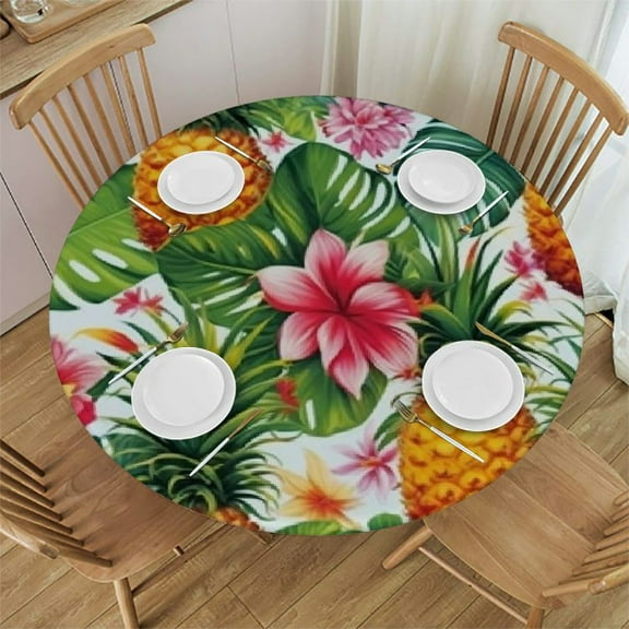 HAOXIT Hawaiian Tropical Flower Round Tablecloth Washable Reusable Decoration Table Cover for Kitchen Party  31-35
