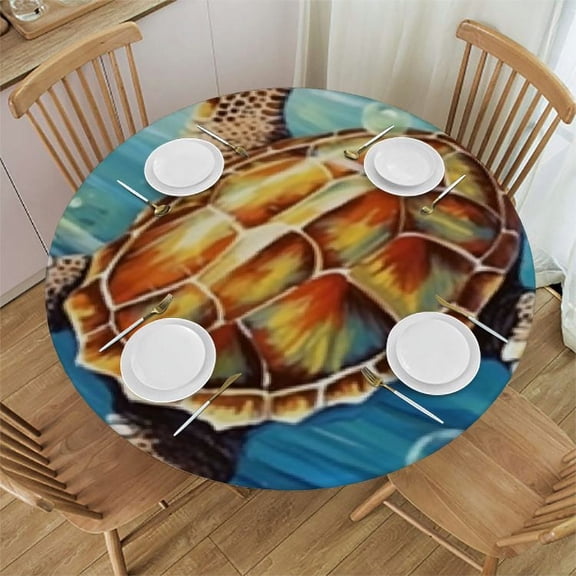 HAOXIT Heart Tablecloth Blue Water Air Bubbles Swimming Sea Turtles Round Table Cloth Protector Proof Table Cover 31-35