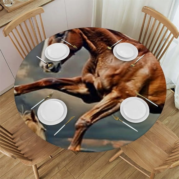 HAOXIT Horse Tablecloth Horse Herd Run in Storm Round Table Cloth Washable Plaid Table Cover for Kitchen Holiday Dinner Picnic , Round Tablecloth 31-35