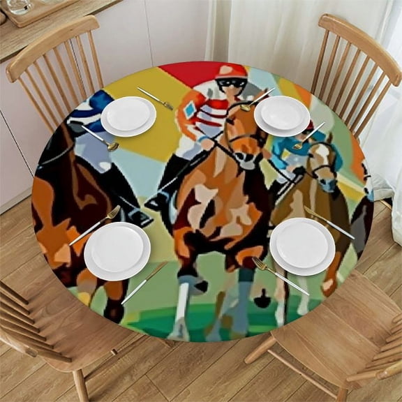 HAOXIT Horse Tablecloth, Vibrant Colorful Competitive Scene with Jockeys Racing Horses Equine Retro Artwork, Round Table Cover for Dining Room Kitchen Decor