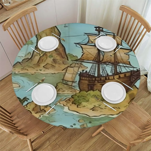 HAOXIT Island Map Tablecloth, Cartoon Pirate Ship Octopus Nautical Design, Round Table Cover for Dining Room Kitchen Decor 31-35