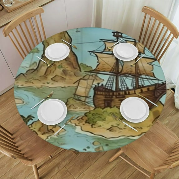 HAOXIT Island Map Tablecloth, Cartoon Pirate Ship Octopus Nautical Design, Round Table Cover for Dining Room Kitchen Decor 46-50