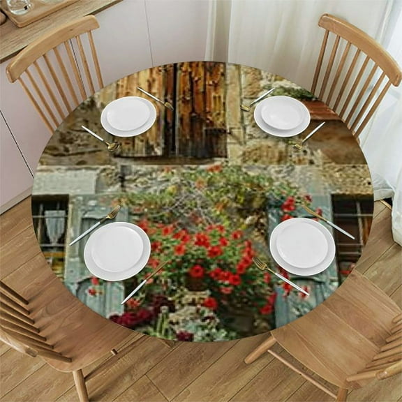 HAOXIT Italian Tablecloth, Pictures of Italy Old Classic Window Stone Houses Print, Round Table Cover for Dining Room Kitchen Decor