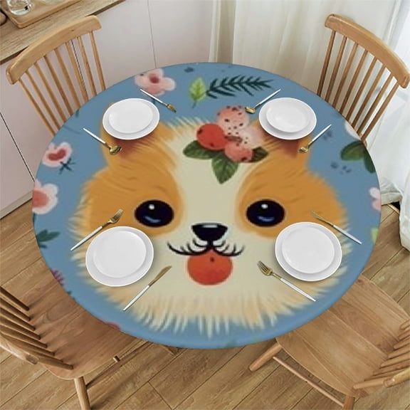 HAOXIT Kawaii Cute Dogs Fitted Round Table Cover with Elastic Protector Table Kitchen Dinner Waterproof Oil-Proof Tablecloth 31-35