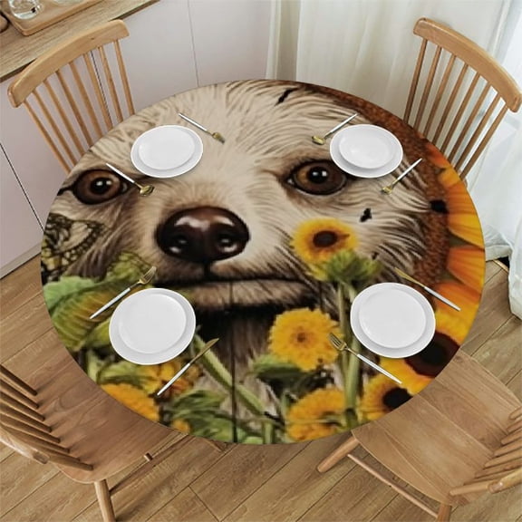 HAOXIT Kawaii Cute Dogs Fitted Round Table Cover with Elastic Protector Table Kitchen Dinner Waterproof Oil-Proof Tablecloth 38-42