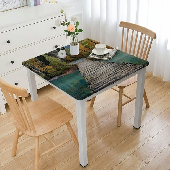 HAOXIT Landscape Tablecloth, Old Wood Bridge Over River Belaya Berel and Evergreen Forest Eastern Kazakhstan, Rectangular Table Cover for Dining Room Kitchen Decor 48''x48''