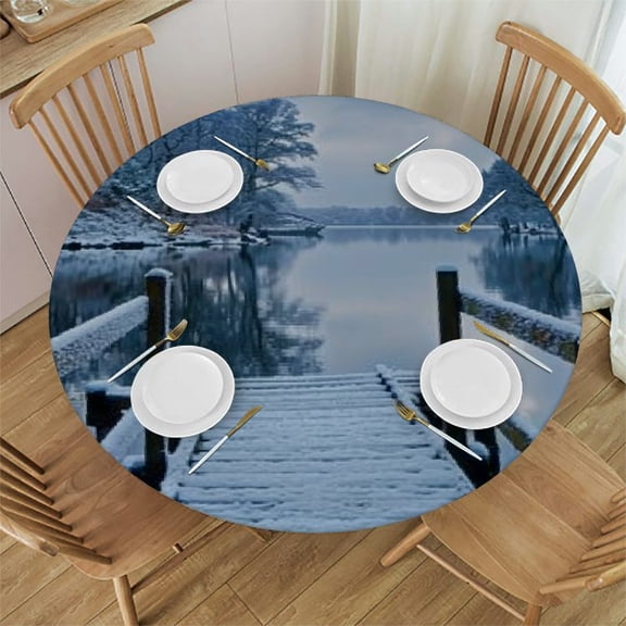 HAOXIT Landscape Tablecloth, Photo of Wooden Deck on The Shore of a Small Lake in Winter , Round Table Cover for Dining Room Kitchen Decor