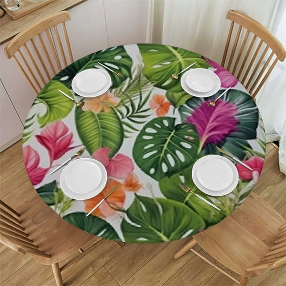 HAOXIT Leaf Tablecloth, Hawaiian Hibiscus Flower with Palm Tree Leaves Art Print, Dining Room Kitchen Round Table Cover