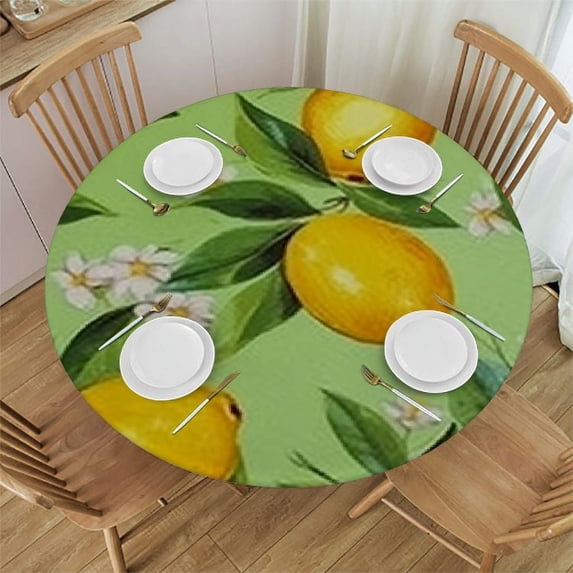 HAOXIT Lemon Round Tablecloth, Green Tablecloths, Washable Indoor/Outdoor Floral Pattern for Anniversary, Christmas, Wedding Party 38-42