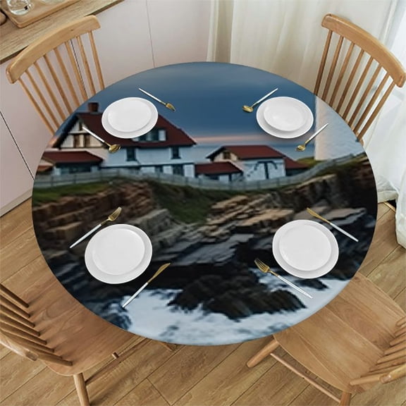 HAOXIT Lighthouse Beach Sky Fitted Table Cloth with Elastic Edge for Indoor, Dining Table Cover for Party 42-46