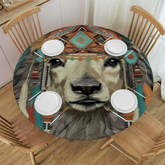 HAOXIT Llama Tablecloth, Oriental Vibe Colorful Illustration of Alcapa Animal with Eastern Ornaments Print, Round Table Cover for Dining Room Kitchen Decor 54-58