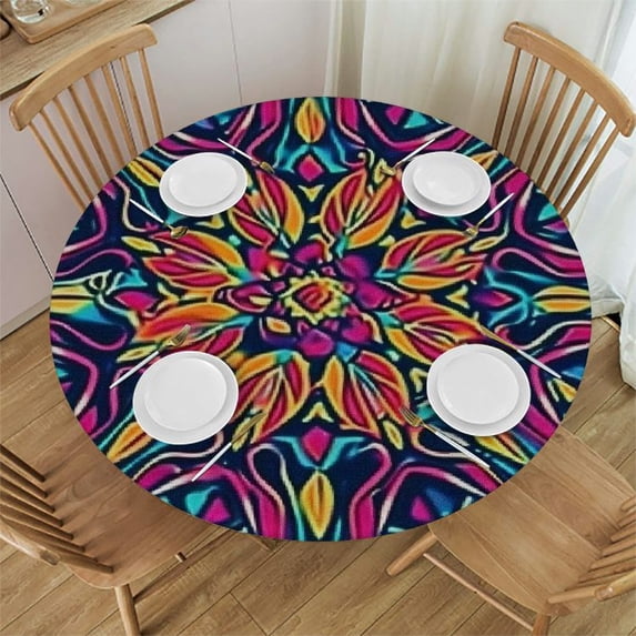 HAOXIT Mandala Round Fitted Table Cloth Cover, Waterproof Wrinkle Ethnic Tribe Table Cloth with Elastic Edged, Home Circle Tablecloth for Dining Room Kitchen Table Cover Decorative 31-35