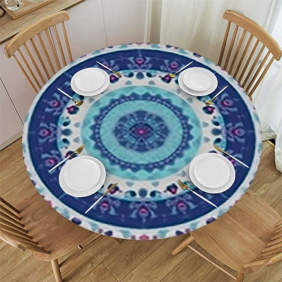 HAOXIT Mandala Round Tablecloth, Floral Patterns and Leaves Boho Style Prints, Suitable for Polyester Banquet Event Kitchen Dining