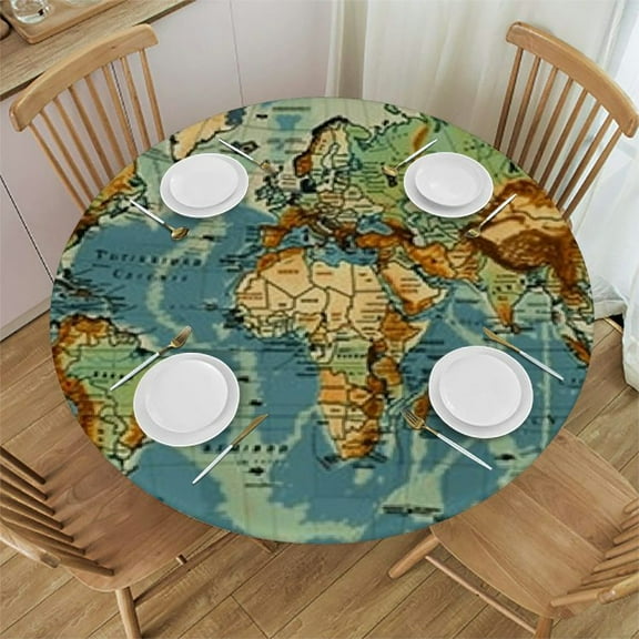 HAOXIT Map, Water-Proof Tablecloth, Map of The World Geography Continents Image, Birthday Holiday Fabric Tablecloth, Sea Green Yellow 46-50