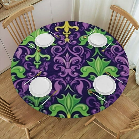 HAOXIT Mardi Gras Tablecloth, Antique Old Fashioned Motifs in Mardi Gras Holiday Colors Tile Pattern, Round Table Cover for Dining Room Kitchen Decor