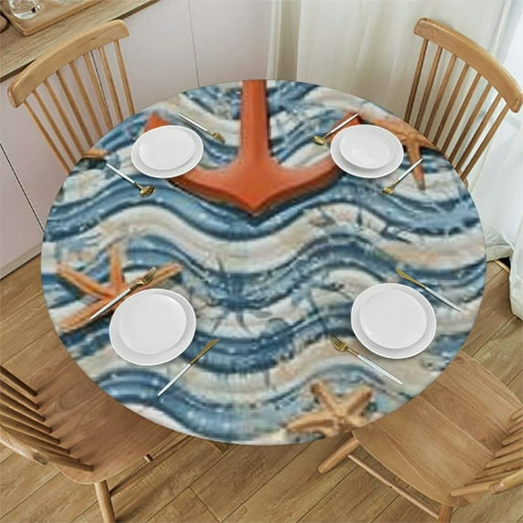 HAOXIT Marine Theme Nautical Anchor Round Washable Polyester Trim, Kitchen Circle Table Cloth Cover for Party Dinning Tabletop Home Decor 54-58