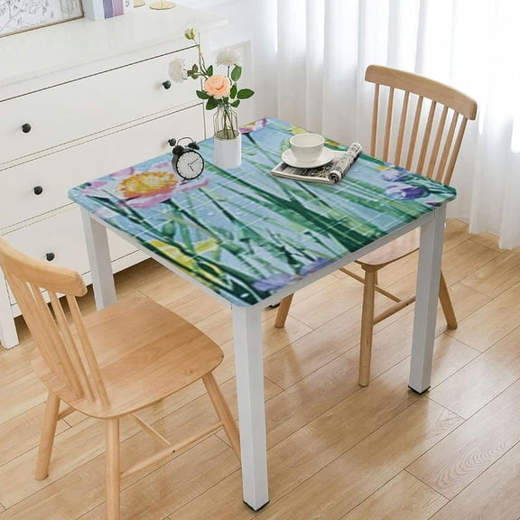 HAOXIT Meadow Fabric Bordered Tablecloth - Blue Gingham Wrinkle and Stain Resistant Checkered Fabric Spring Tablecloth 52*52