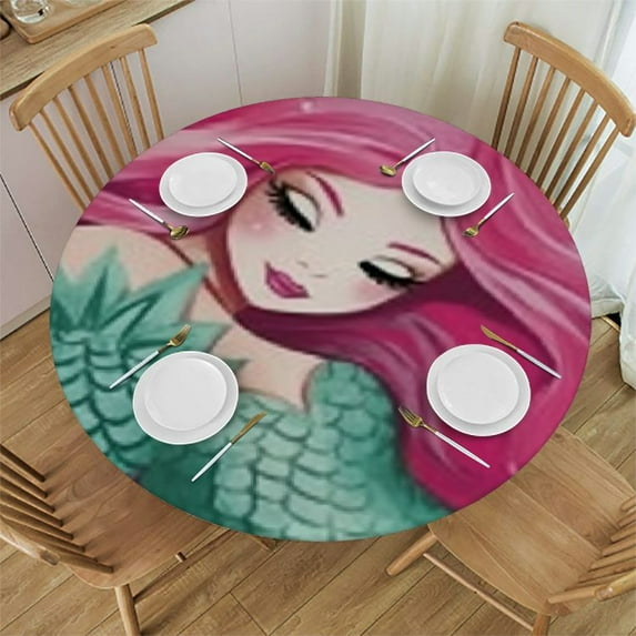 HAOXIT Mermaid Tablecloth Cute Fantasy Fish Girl Fishes Round Stain Resistant, Spillproof and Washable Table Cloth 42-46