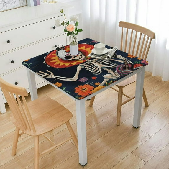 HAOXIT Mexican Skull Fitted Square Tablecloth Waterproof Table Cloth with Elastic Edge Wipe Clean Table Covers for Indoor Outdoor Fits Square table 52*52