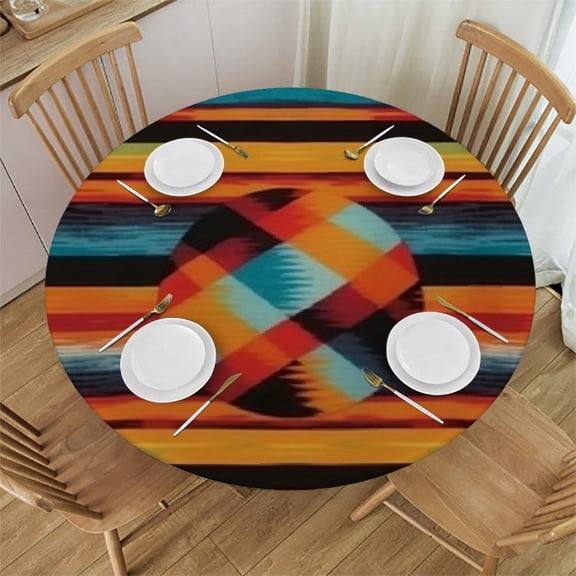HAOXIT Mexican Tablecloth, Abstract Vibrant Vintage Aztec Motif Gradient Crafts Image, Round Table Cover for Dining Room Kitchen Decor
