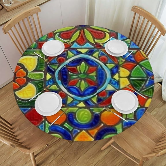 HAOXIT Mexican Talavera Elastic Edged Fitted Round Table Cloths, Home Decorative Tablecloth for Indoor Outdoor Kitchen Party 42-46